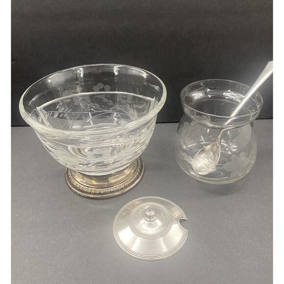 Antique Heisey Etched Glass Sterling Base Divided Bowl Condiment Pot SET - Picture 1 of 12